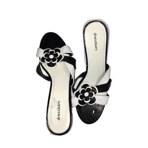 Black and white patent leather strap wedges